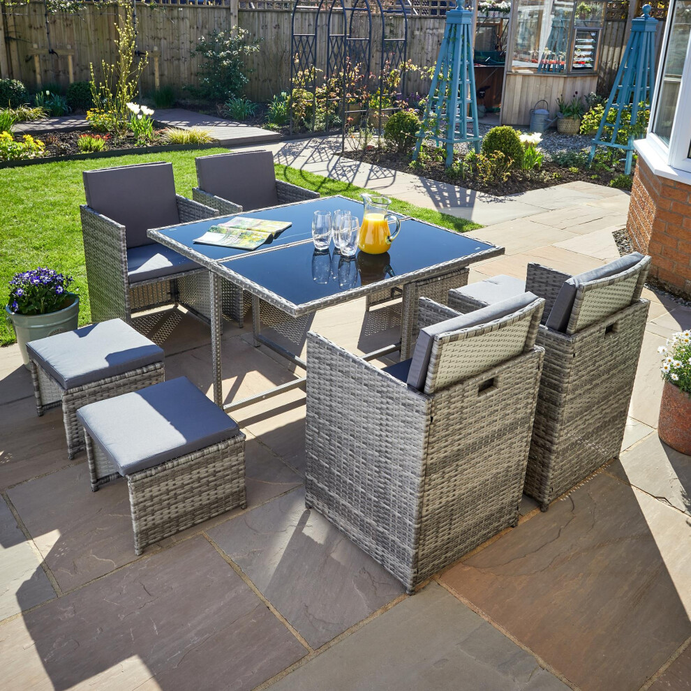 9 Piece Cube Rattan Garden Furniture Set 4 Chairs 4 Footstool Chairs & Table