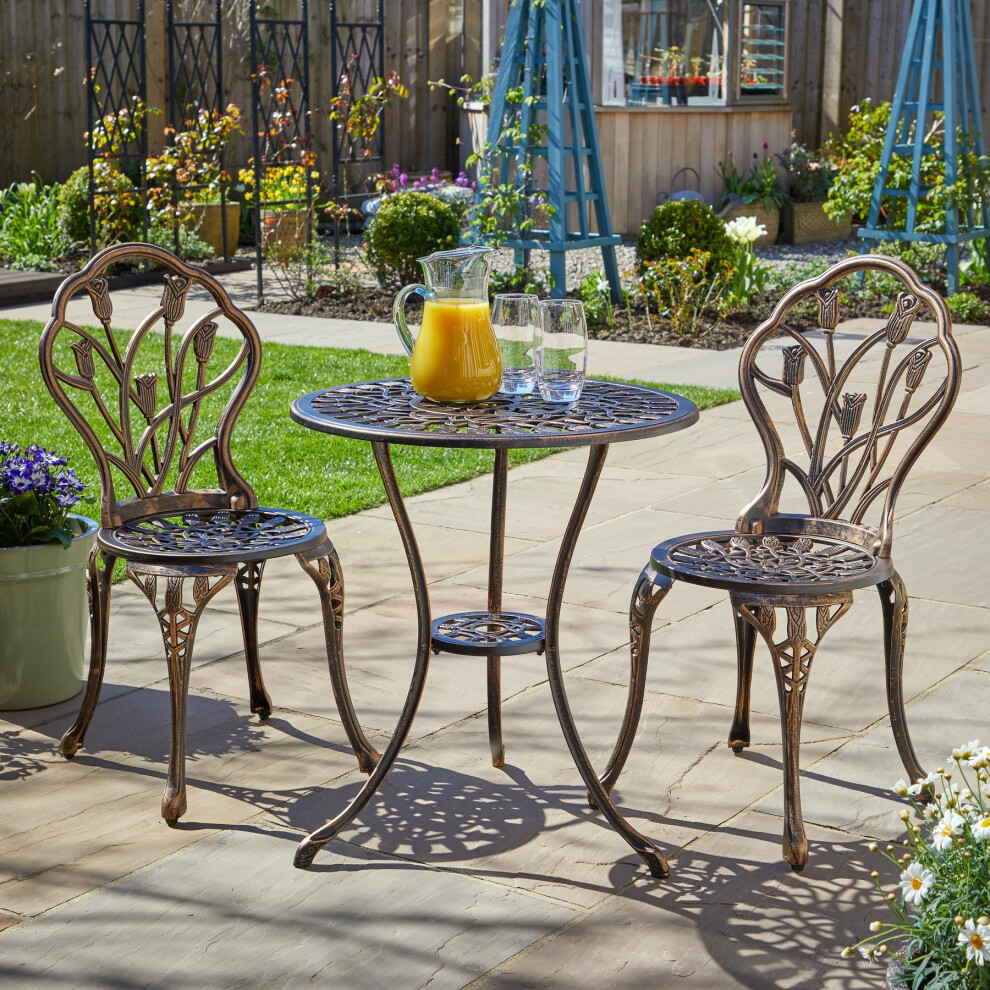Bistro Set Outdoor Garden Patio Floral Table & 2 Chairs Aluminium