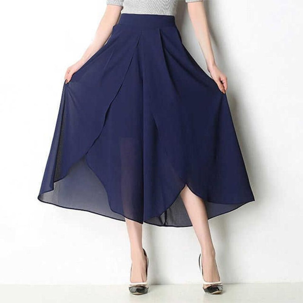 (navy blue, 3XL) Summer Pants Loose Women Pants Ankle Length High Waist Chiffon Skirt Wide Leg Pants Plus Size Trousers