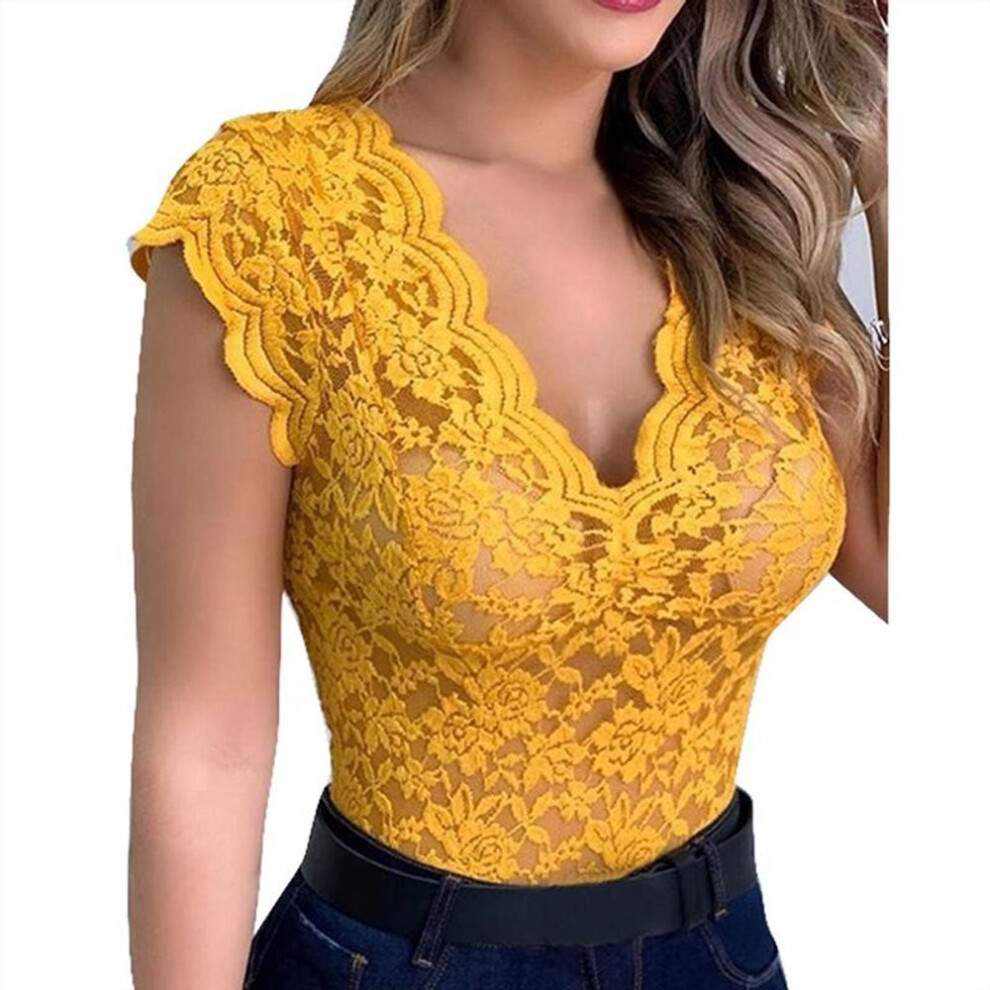 (L, yellow) Sexy Women V Neck Lace Vest Top Solid Sleeveless Hollow Tank Female Strap Perspective Vest Crop Tops Camisole Wild Streetwear