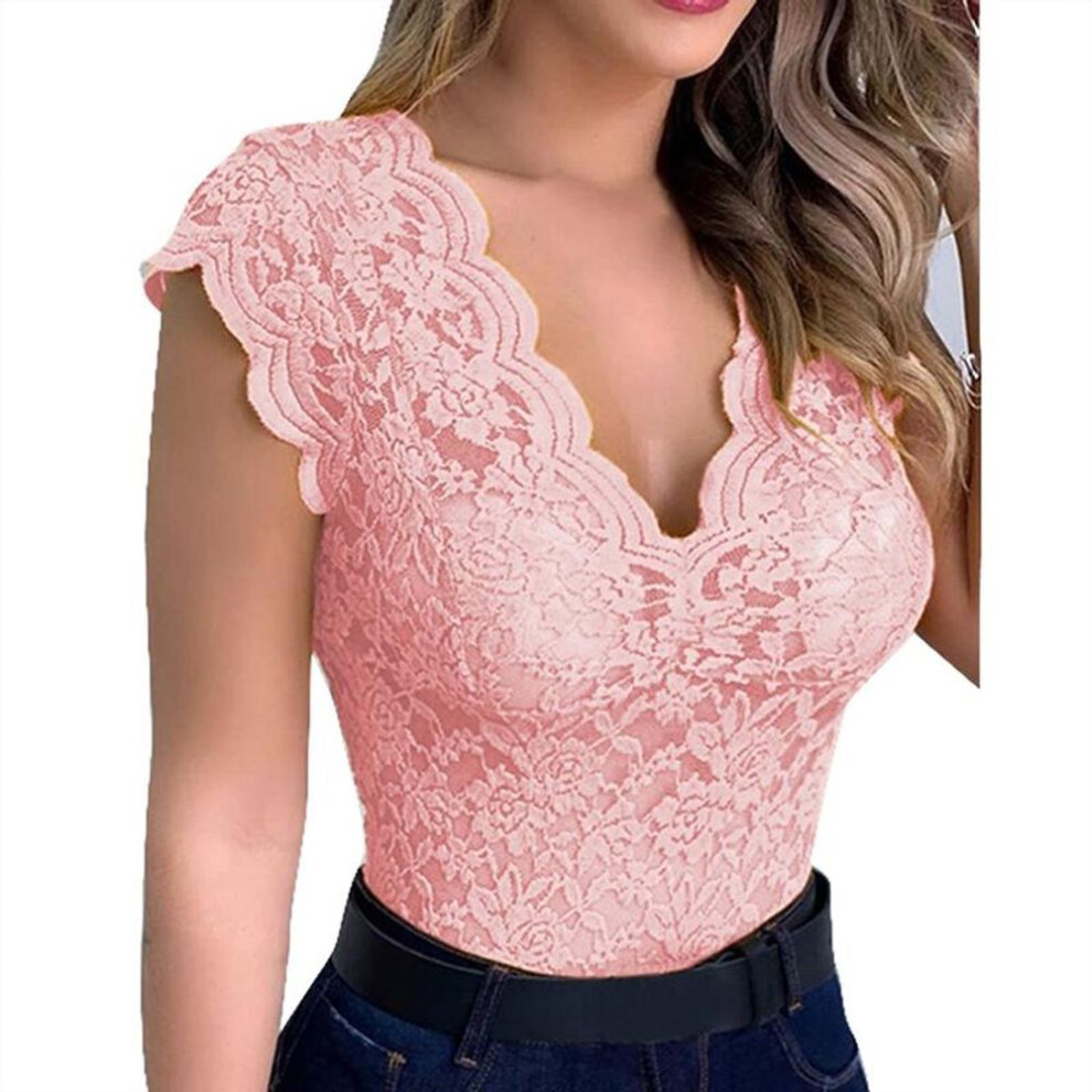 (XL, pink) Sexy Women V Neck Lace Vest Top Solid Sleeveless Hollow Tank Female Strap Perspective Vest Crop Tops Camisole Wild Streetwear