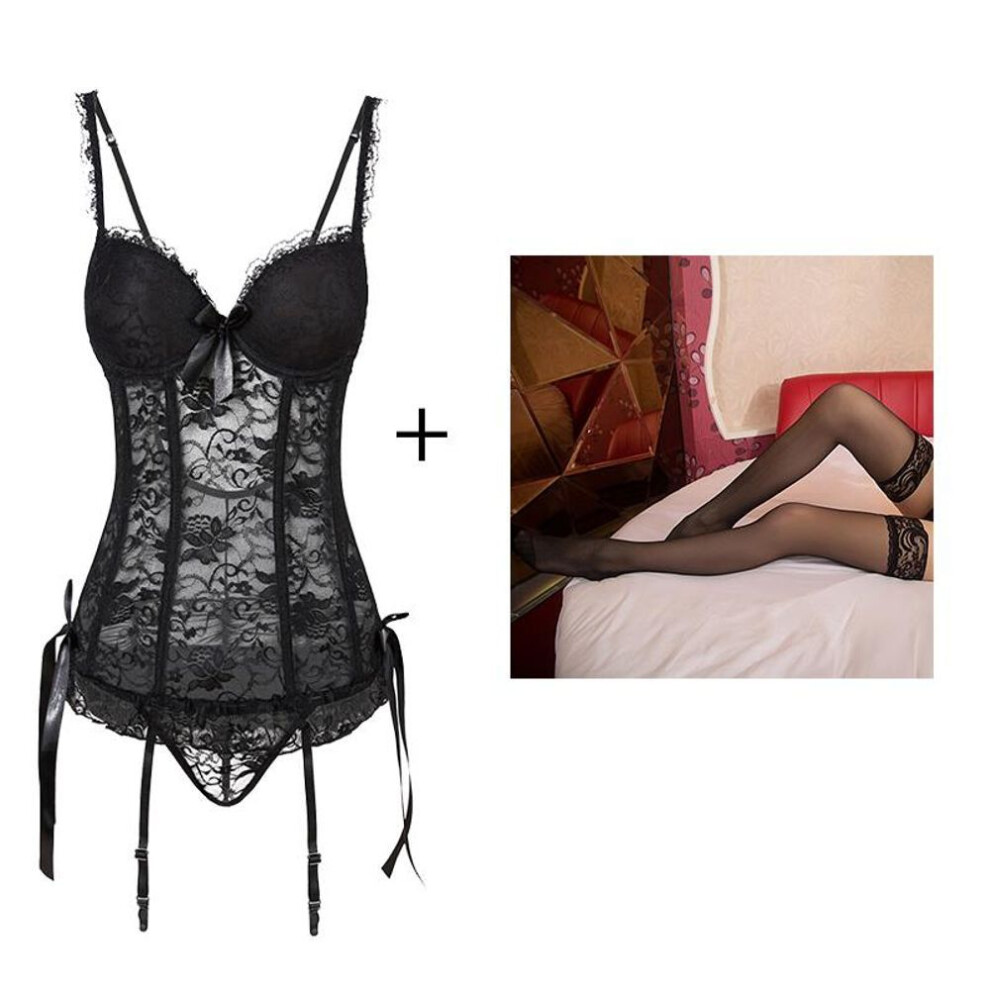 (black, XL) Cinoon Sexy Hollow Corset Women Underwear Lace Up Body Bustier Overbust Mesh Breathable Corsets Women's Lingerie