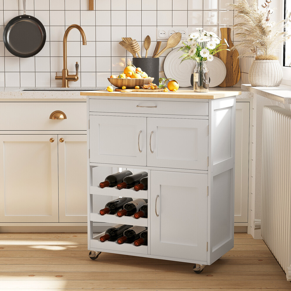 Homcom Rolling Kitchen Island Trolley Storage Cart With Rubberwood Top Wine Rack