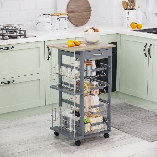 Homcom HOMCOM Multi-Use Kitchen Island Trolley Baskets Side Racks Drawer WorktopGrey