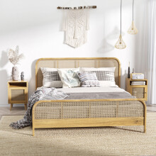 HOMCOM Natural Bedside Table with Door Cupboard, Rattan Panel on Door & Storage Shelf 831-599V03ND