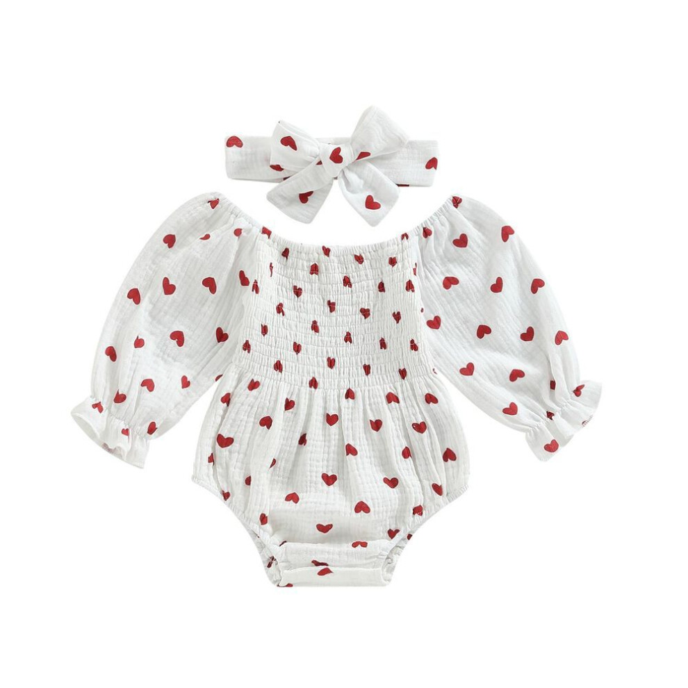 (white, 12-18 Months) Baby Girls Valentine's Day Romper Heart Print Long Sleeve Boat Neck Jumpsuits Infant Autumn Winter Bodysuits With Headband