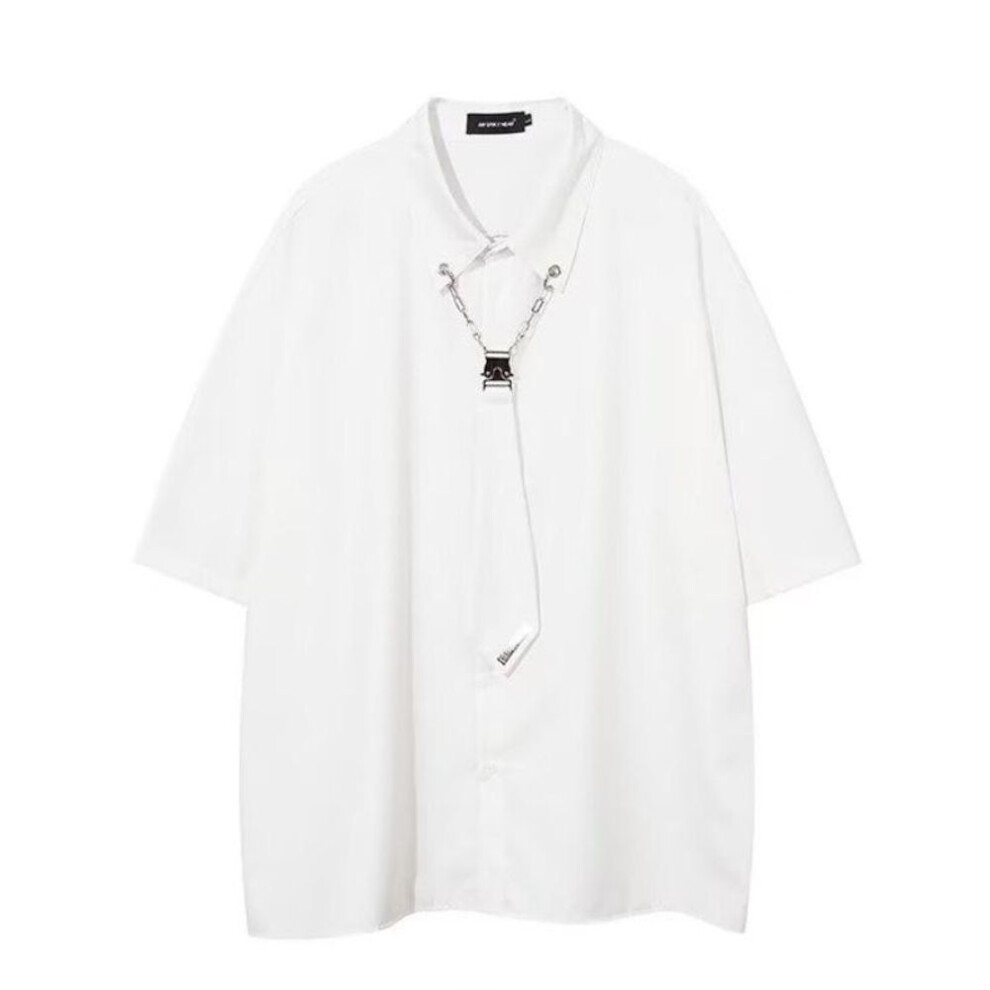 (XL, white) Street Style Tie Short-sleeved Shirt Women Summer Retro Baggy Cardigan Tops Black Vintage Harajuku Clothing Plus Size