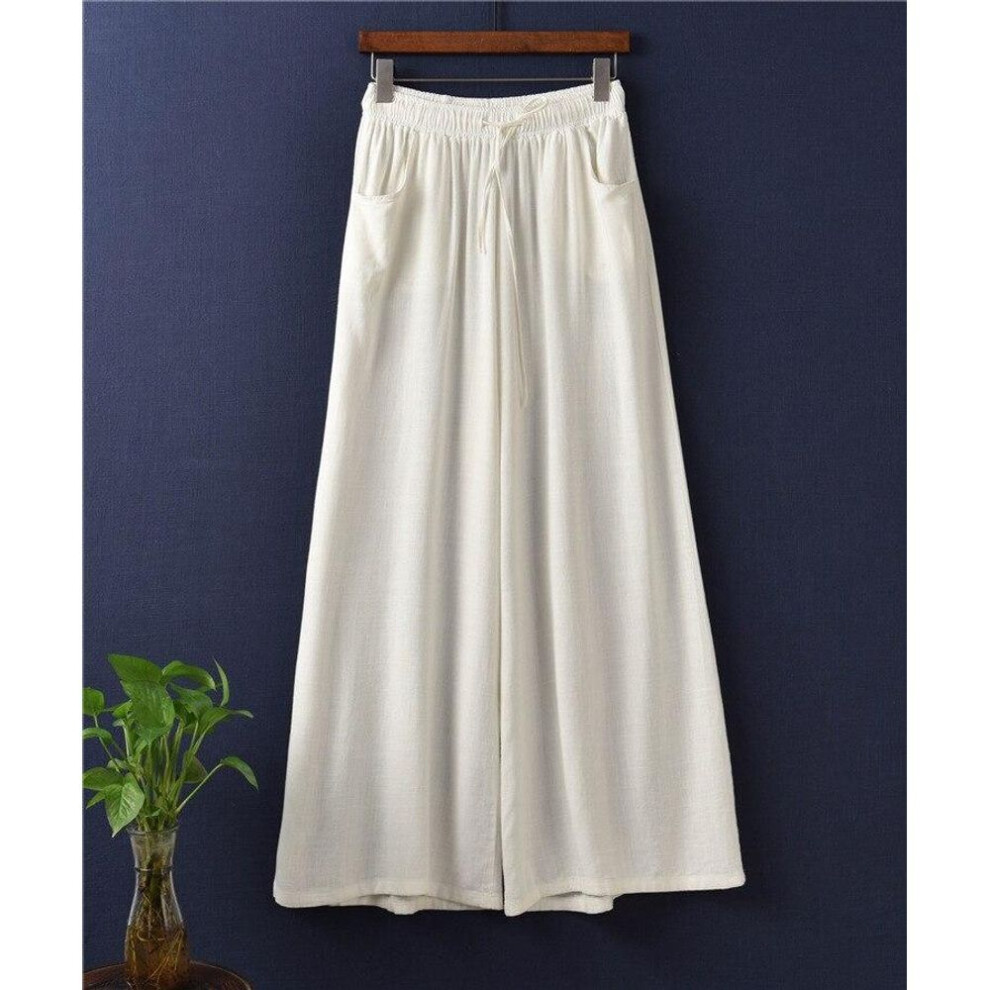 (white, M) Johnature Solid Color Wide Leg 2021 Spring New Pockets Cotton Linen Women Cloths Pants