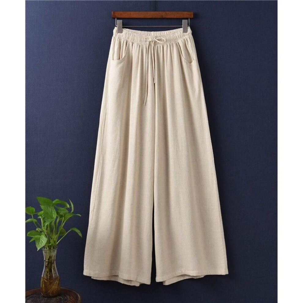 (beige, L) Johnature Solid Color Wide Leg 2021 Spring New Pockets Cotton Linen Women Cloths Pants