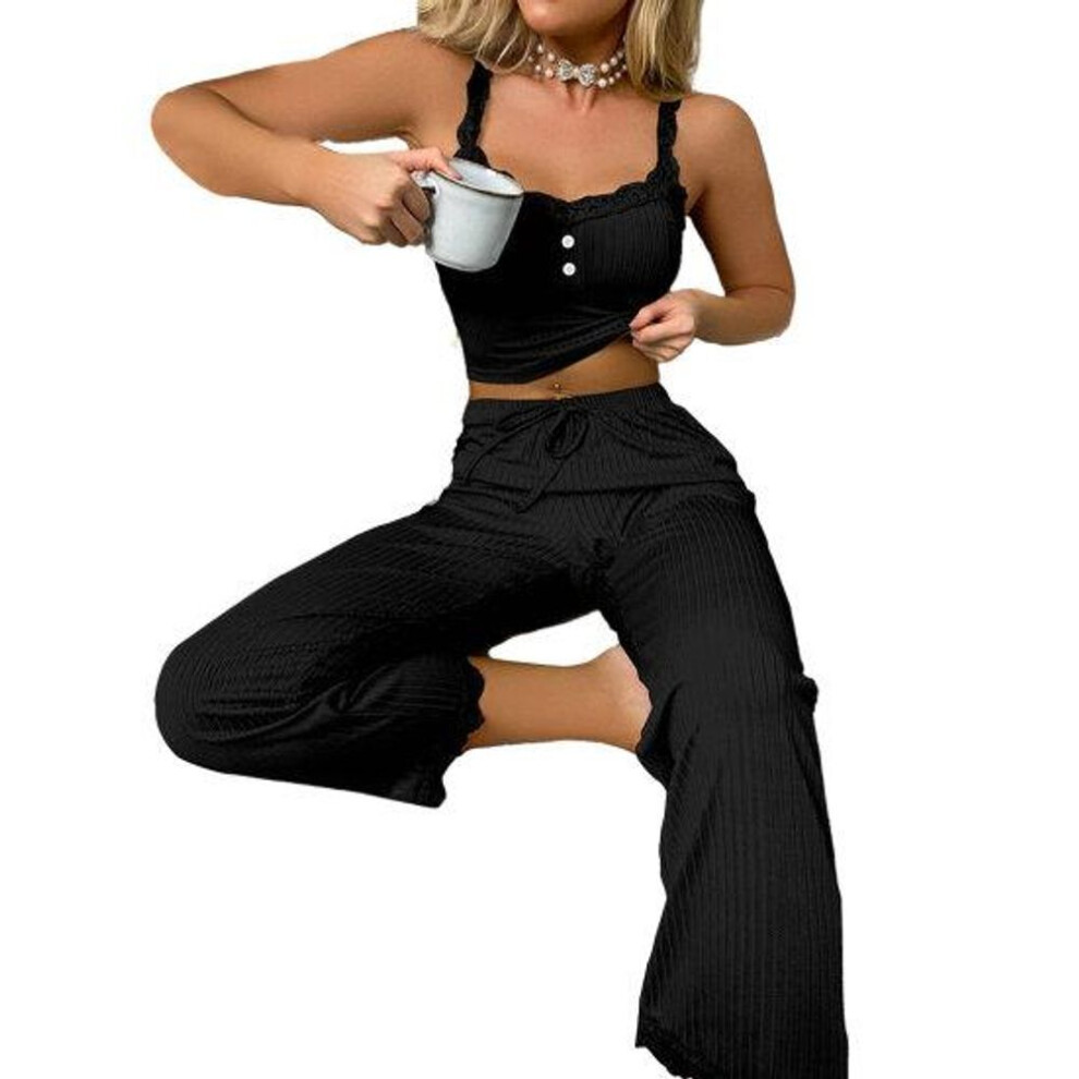 (L, black) 2 Pcs/set Pants Top Suit Low-cut V Neck Sleeveless Solid Color Shirring Drawstring High Elastic Waist Lace Women Summer Pajamas Set Homewear
