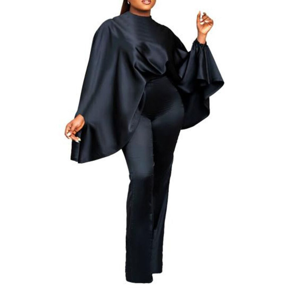 (black, 2XL) 2pcs/set Women Faux Satin Outfit O-neck Batwing Long Sleeve Loose Tops High Waist Long Pants Set Solid Color Elastic Outfit