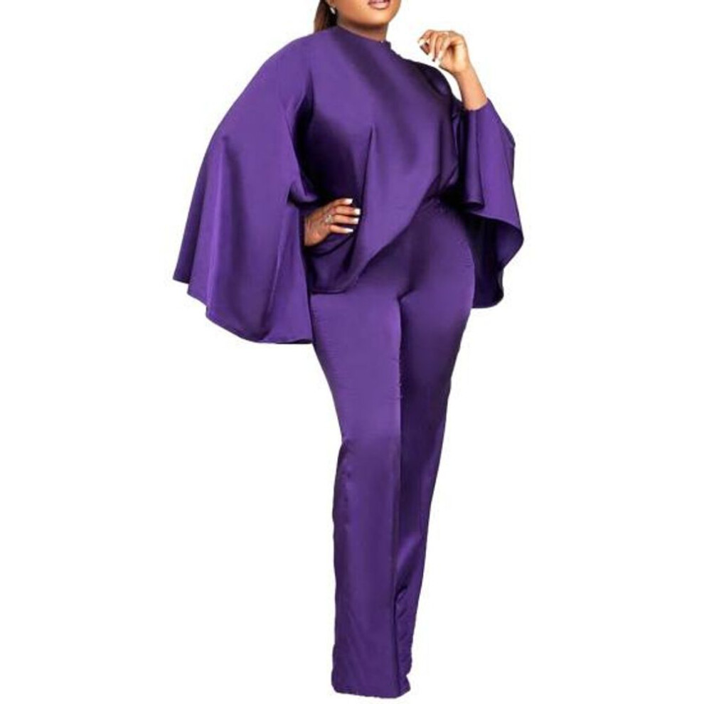 (purple, M) 2pcs/set Women Faux Satin Outfit O-neck Batwing Long Sleeve Loose Tops High Waist Long Pants Set Solid Color Elastic Outfit