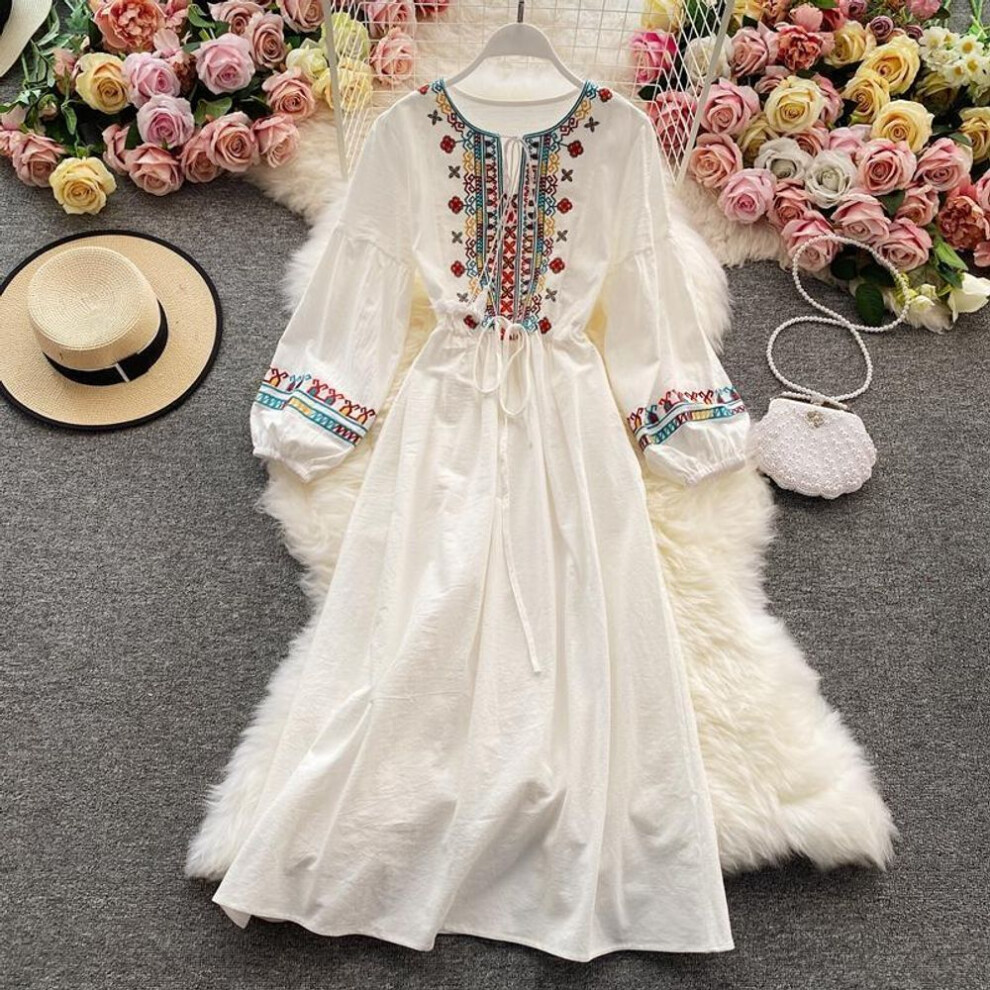 (white, L) National Style Elegant Beach Vacation Dress Women Embroidery Flower Print Vintage Party Midi Dresses Female Loose Retro Design Casual Clothes