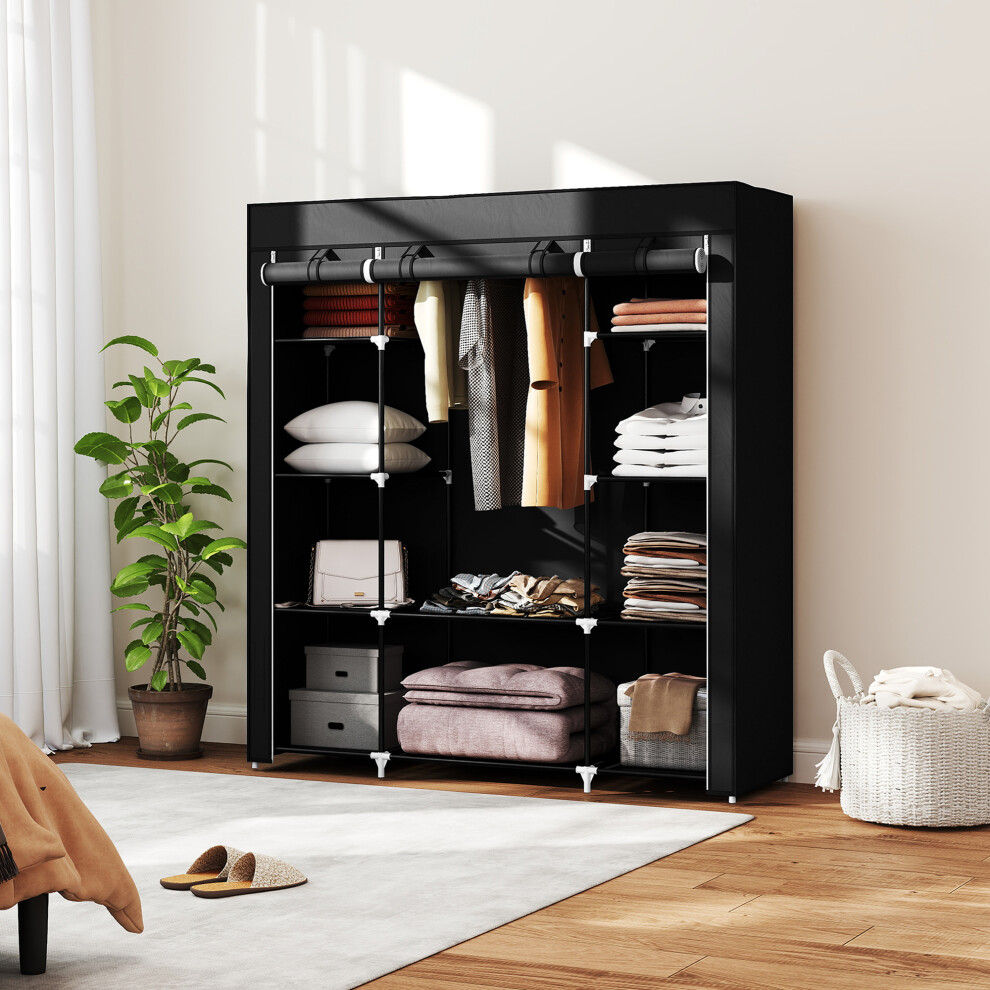 Homcom Fabric Wardrobe With 10 Shelves 1 Hanging Rail Foldable Closets Black
