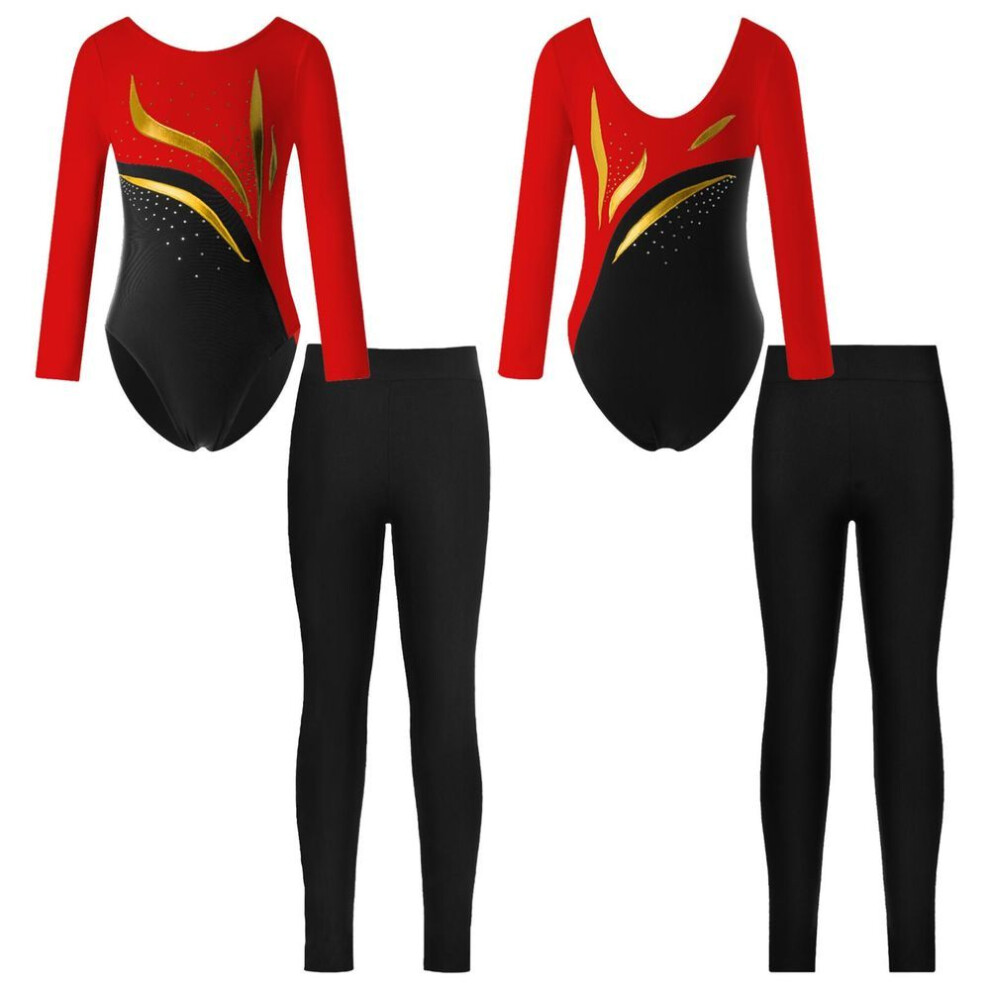 (red,black, 7-8 Years) Kids Girls Children Biketard Gymnastics Long Sleeve Round Neck Leotards With Slim Fit Leggings For Dance Skating