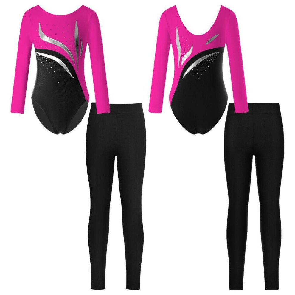(hot pink,black, 13-14 Years) Kids Girls Children Biketard Gymnastics Long Sleeve Round Neck Leotards With Slim Fit Leggings For Dance Skating