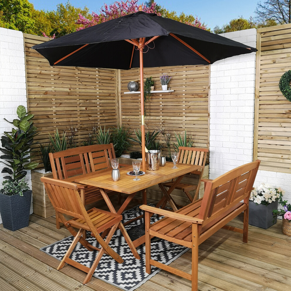 Outdoor 6 Person Folding Rectangular Wooden Garden Dining Table Chairs and 2 Benches Parasol and Base set