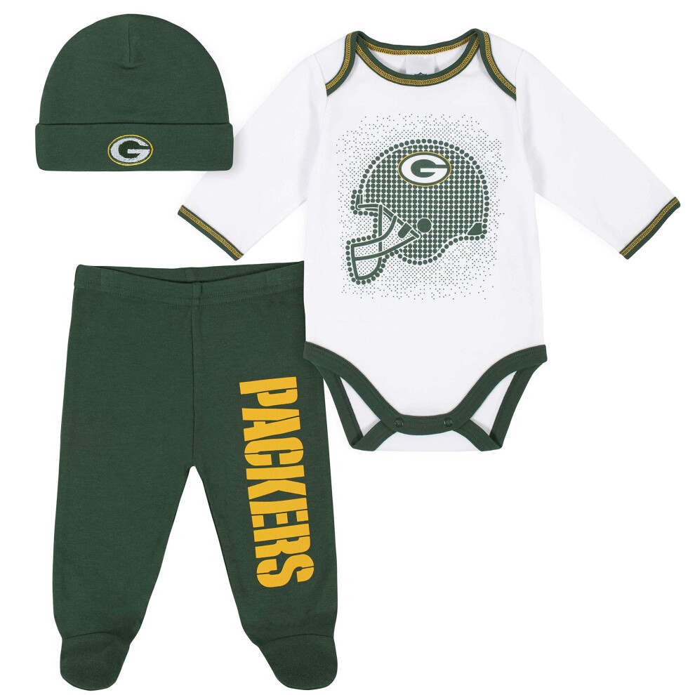 Gerber NFL Green Bay Packers 3 Pack Bodysuit Footed Pant and Cap Registry Gift Set  Green/White Green Bay Packers  0-3M