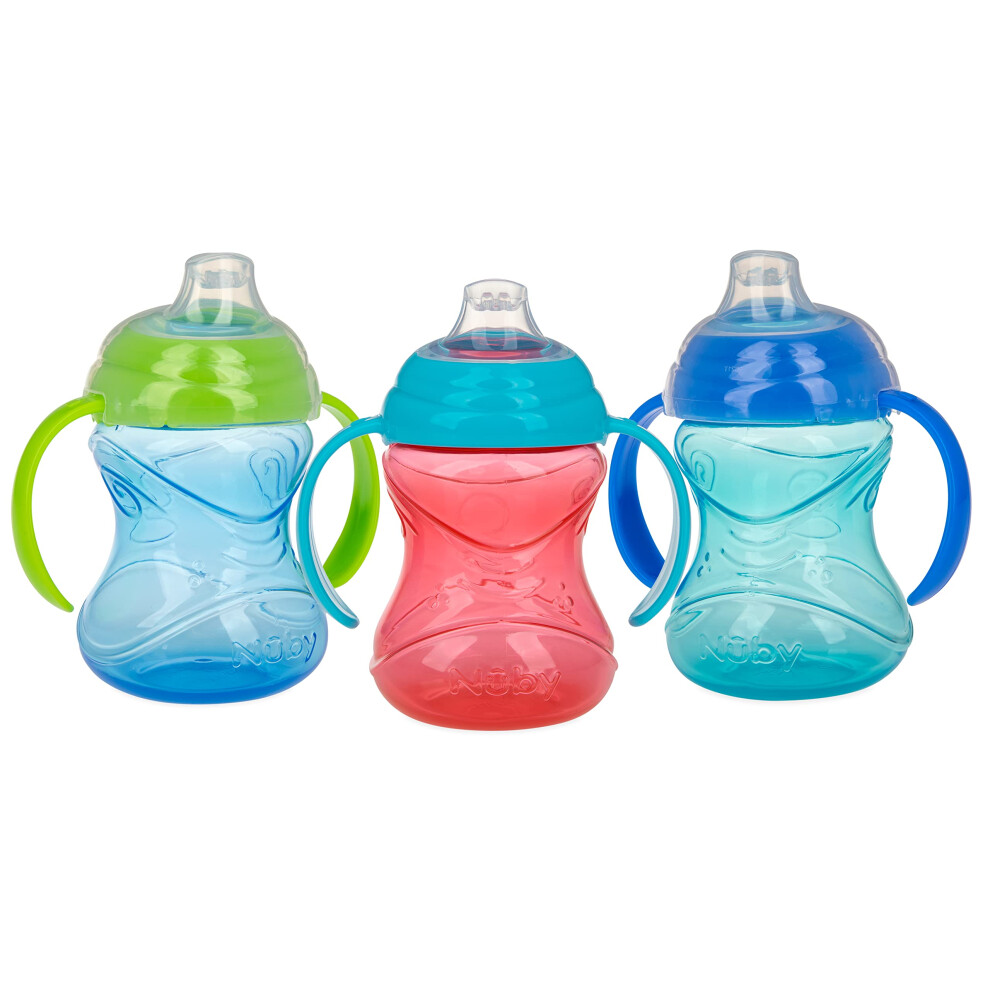 Nuby Clik-It Grip N' Sip Soft Spout No-Spill Training Sippy Cup with Handles - 3-Pack 10 oz - 4+ Months - Boy