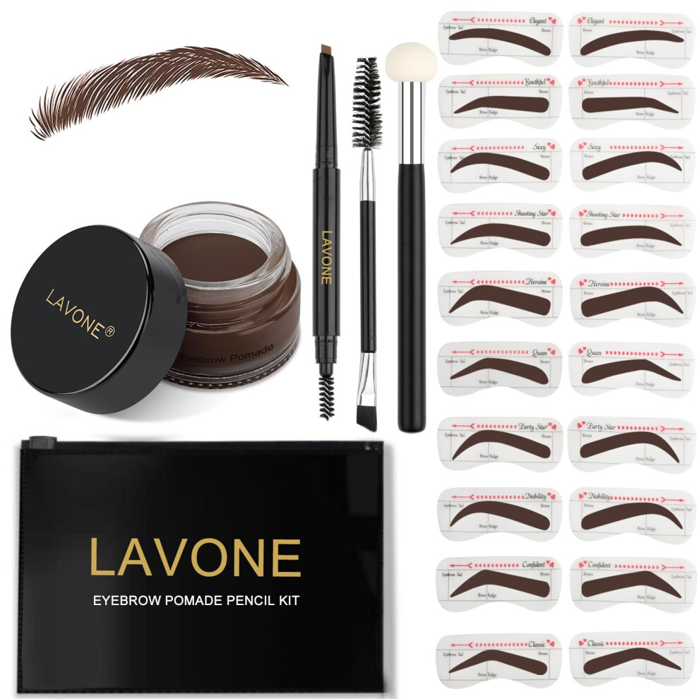 Lavone Eyebrow Stamp Stencil Kit, Brow Stamp Trio Kit With Waterproof Eyebrow Pencil, Pomade, 20 Eyebrow Stencils, Dual-Ended Eyebrow Brush And Sponge