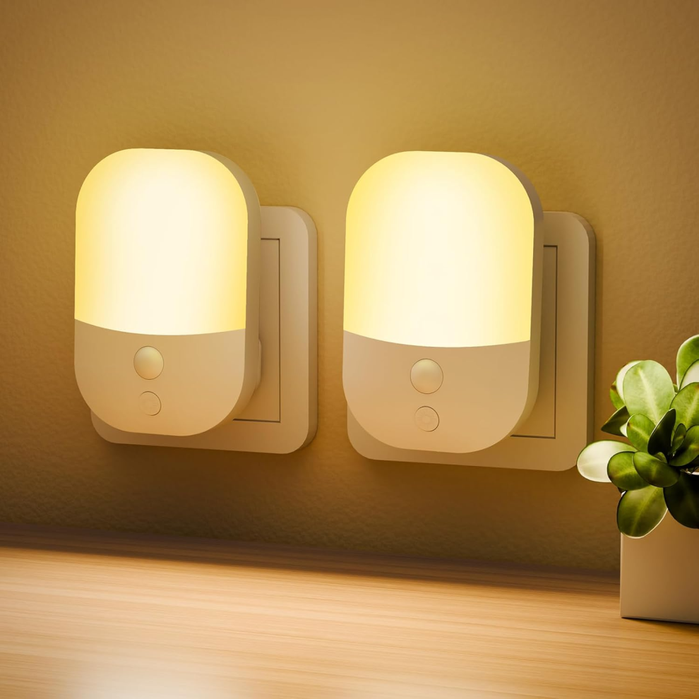 Detake 2 Pack Plug In Night With Dusk To Dawn Photocell Sensor, 5 Adjustable Brightness Levels, On/Off/Auto Modes, 3000K Light