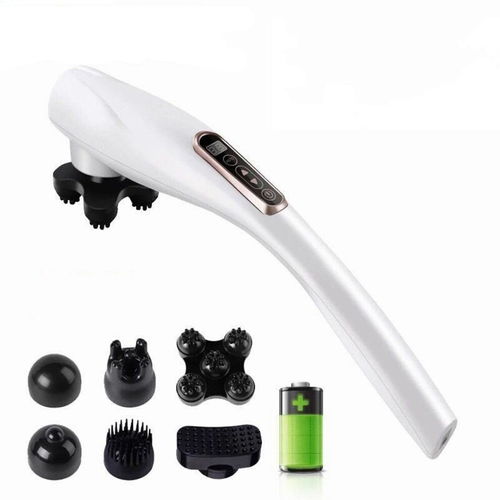 Greenzech (White) 220V 2000Mah Electric Handheld Vibrating Massager Cordless Massage Stick For Shoulder Neck Waist Back Massage With 6 Massage Heads