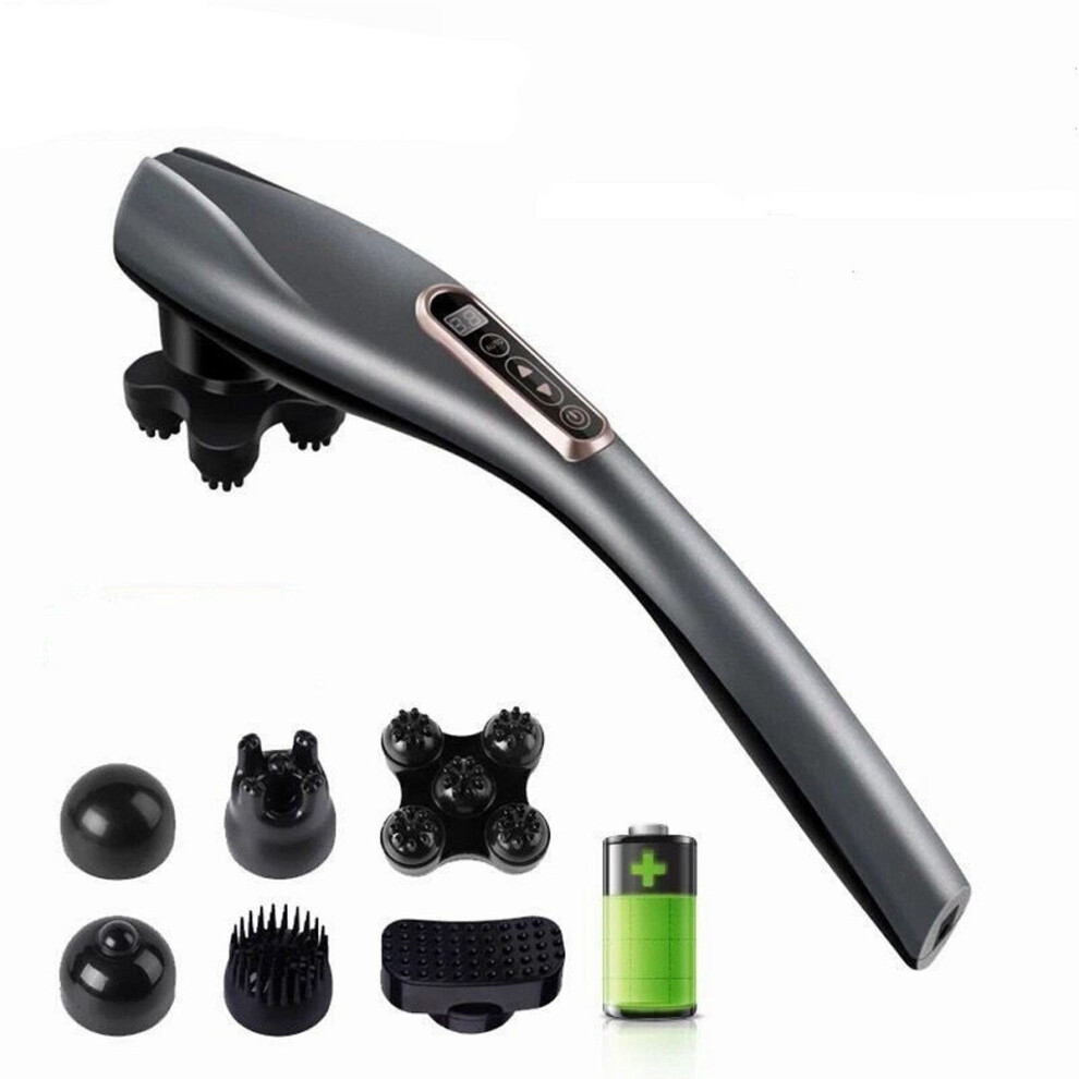 (Silver Grey) 220V 2000mAh Electric Handheld Vibrating Massager Cordless Massage Stick for Shoulder Neck Waist Back Massage With 6 Massage Heads