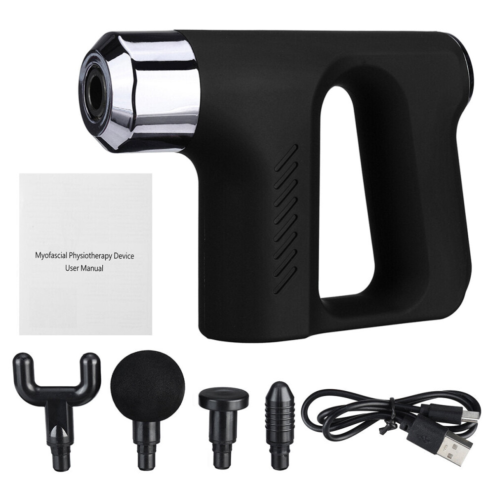 (Black) USB Mini Cordless Percussion Massager Deep Tissue Massage Tool 5 Speed Portable with 4 Heads Electric Handheld Massagers for Sore Muscle Stiffness