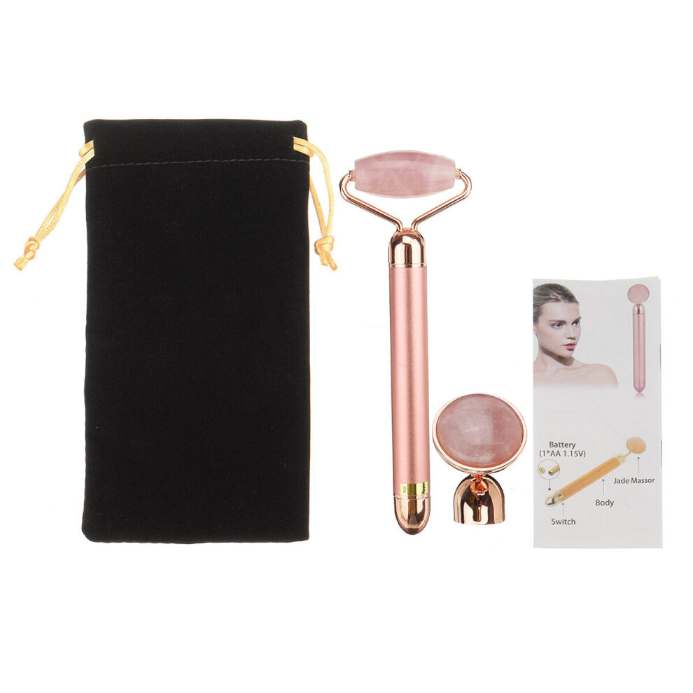 (Rose Gold) Electric Natural Jade Roller Vibrating Massager Facial Tightening Skin Care Beauty Tool