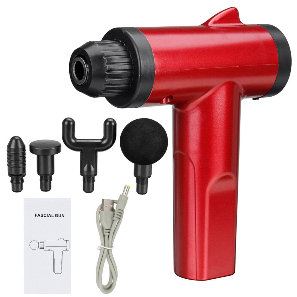(Red) 6 Gears 3200R/MIN Electric Percussion Massager Muscle Relaxation Therapy Massage Guns W/ 4 Massage Heads