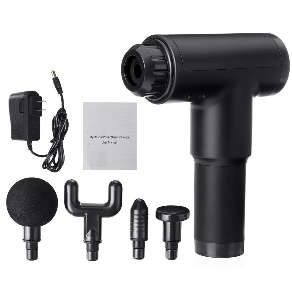 (Black, US Plug) 5 Gears Electric Fascia Massager Portable Muscle Vibration Pain Relief Device W/ 4 Heads