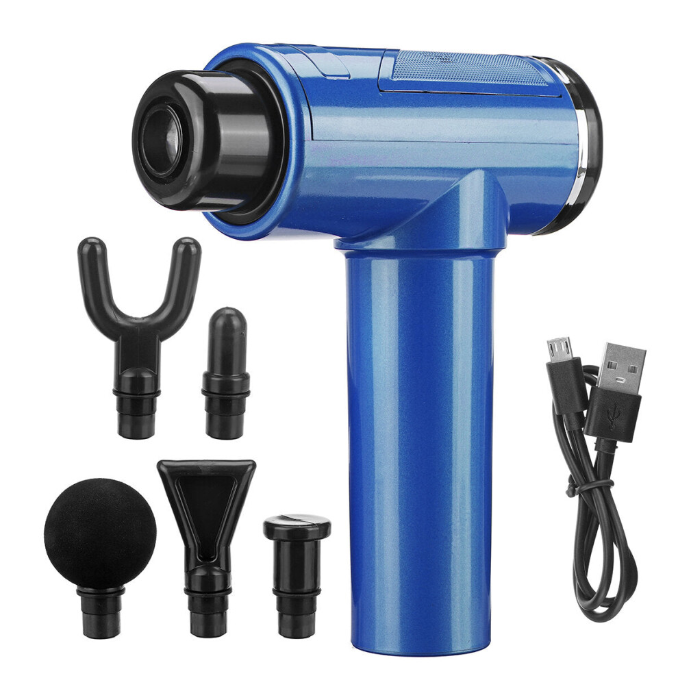 Greenzech (Blue) 6 Speed Muscle Relief Massage Therapy Usb Vibration Deep Tissue Electric Percussion Massager Device With 5 Heads