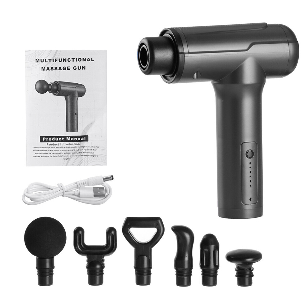 (Dark Gray) 6 Speed USB Electric Fasic Massage Guns Deep Tissue Percussion Massager Muscle Vibrating Relaxing Pain Relief Device W/ 6 Heads