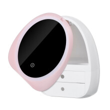 (Pink) LED Mirror Cosmetic Storage Box Makeup Organizer Desktop Jewelry Case USB Drawer
