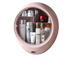 (Pink) Creative Wall Mounted Cosmetic Storage Box Dust Proof Bathroom Toilet Wall Mounted Free Punch Skin Care Product Rack
