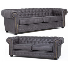 Astor Chesterfield Style Sofa Set 3+2 Seater Grey Suede Faux Leather