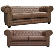 Astor Chesterfield Style Sofa Set 3+2 Seater Suede Brown Faux Leather