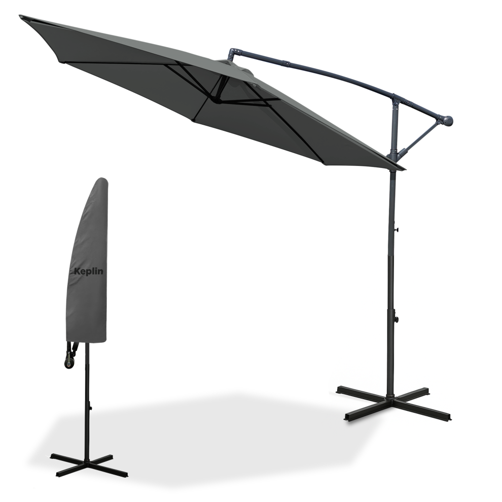 (Grey) Keplin 3M Cantilever Garden Parasol  Outdoor Umbrella with Crank Handle & Cover, UV Protection, Water-Repellent Polyester, Powder Coated Pole