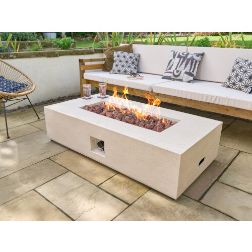 Field & Flame Liana Rectangle Gas Fire Pit in Travertine 1