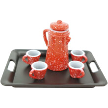 1Set Miniatur Wasserkocher und Mini Tassen Puppenhaus Zubehör für Nachmittagstee Schwarz und Rot Tee mit Tablett