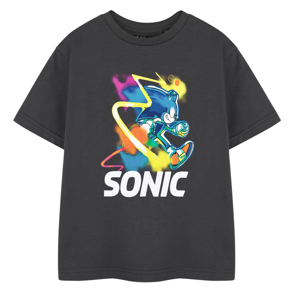 (7-8 Years, Charcoal) Sonic The Hedgehog Boys Watercolour Short-Sleeved T-Shirt