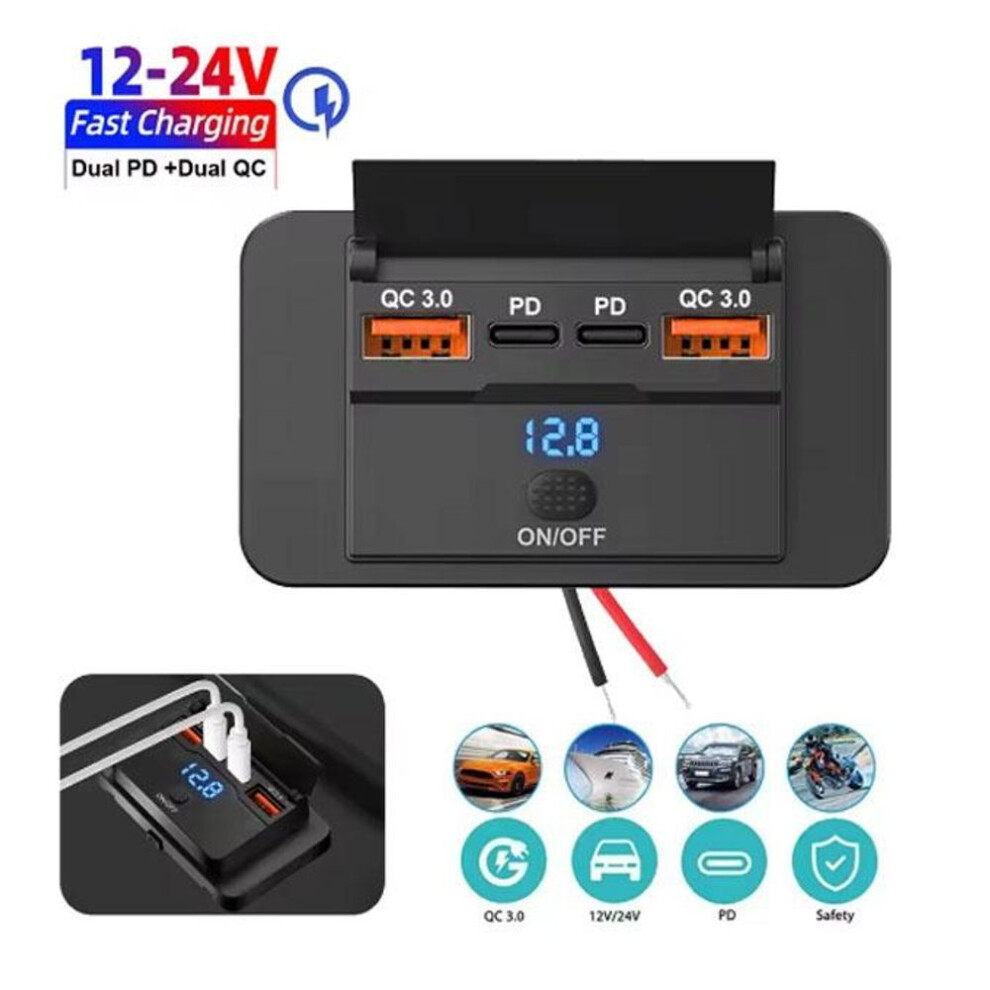 96W 4 Ports Dual PD Dual QC 3.0 Car Charger with Switch Car Quick Charging Socket for 12V/24V Car Truck Boat Bus RVs