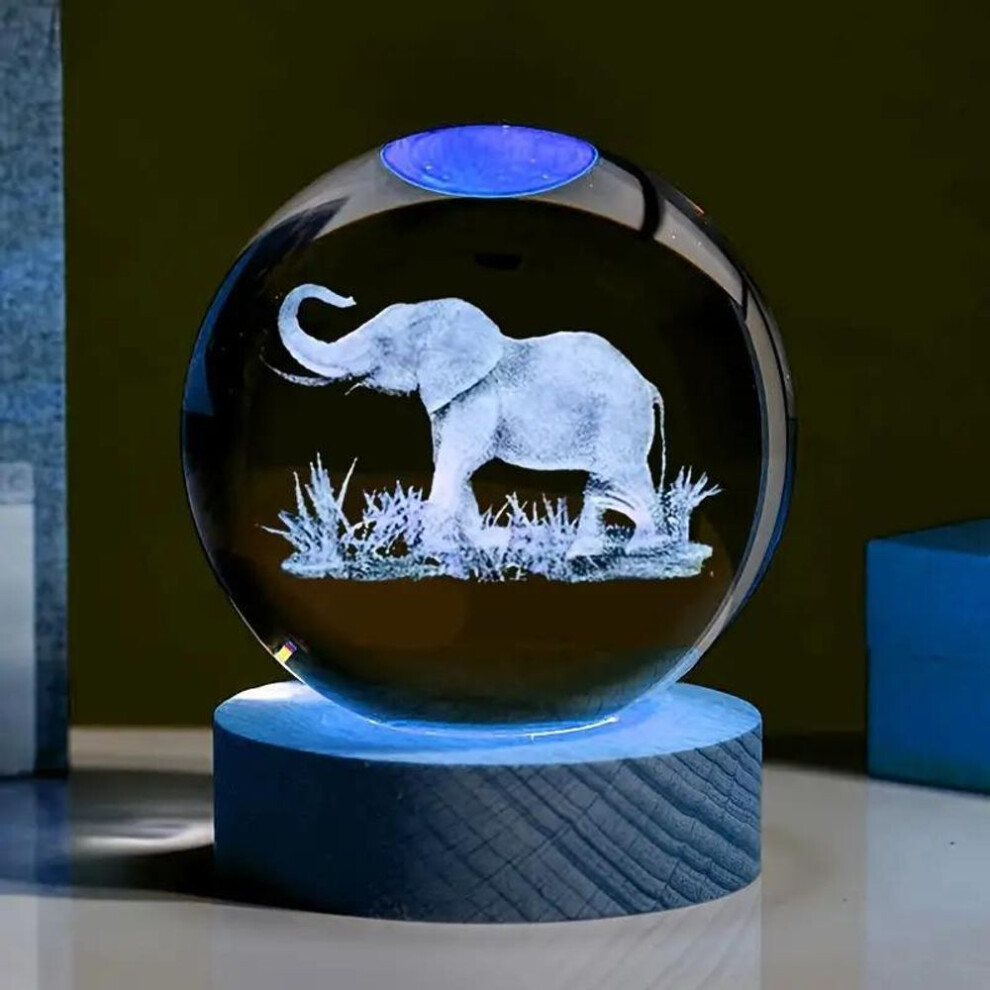 Elephant 3D Laser Carved Crystal Ball with LED Color Lamp Baes Living Room Bedroom Decoration Glass Ball Room Atmosphere Light