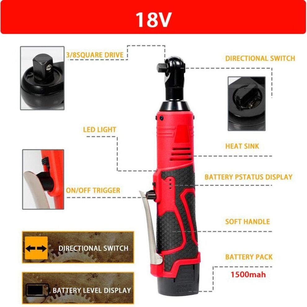 18v Impact Wrench Cordless Rechargeable Electric Wrench 3/8 Inch Right Angle Ratchet Wrenches Impact Driver Power Tool