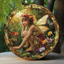 (Silvery Grey, 7.87X7.87inch) Enchanting Fairy Themed Circular Aluminum Decor Si
