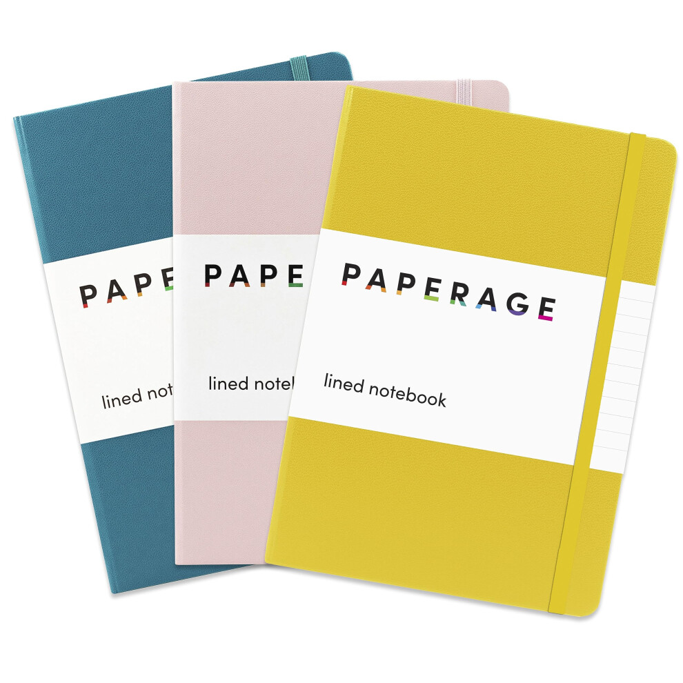 PAPERAGE Lined Journal Notebooks  3 Pack  Yellow  Blush & Turquoise  160 Pages  Medium 5.7 inches x 8 inches - 100 GSM Thick Paper  Hardcover-image-OPC-PG5296N-NEW
