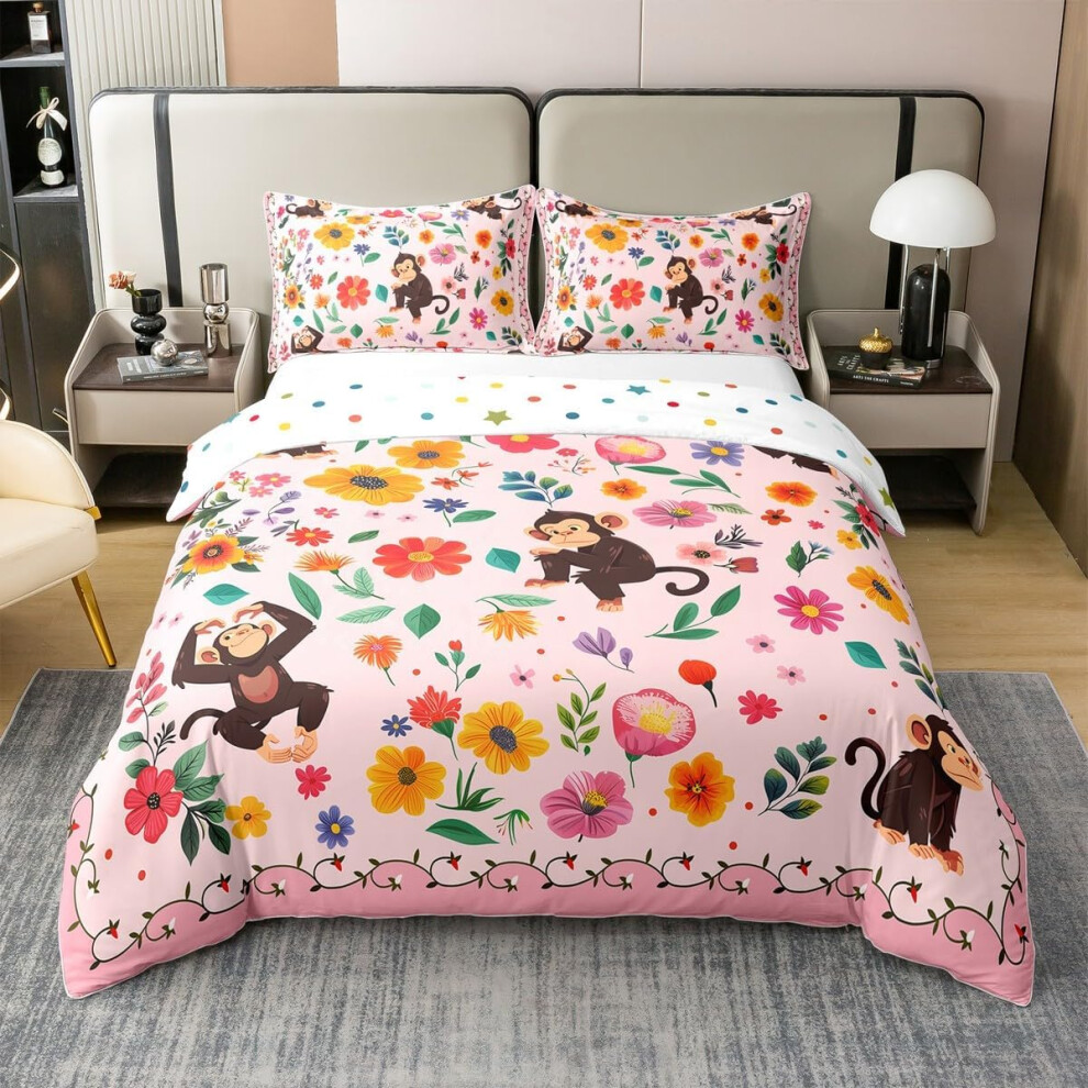 (Pink Blue, Double) Chimpanzee 100% Cotton Duvet Cover Set Boho Floral Bedding Sets Double,Rainbow Wildflower Comforter Cover Rustic Flowers Plant Leaves Bed...