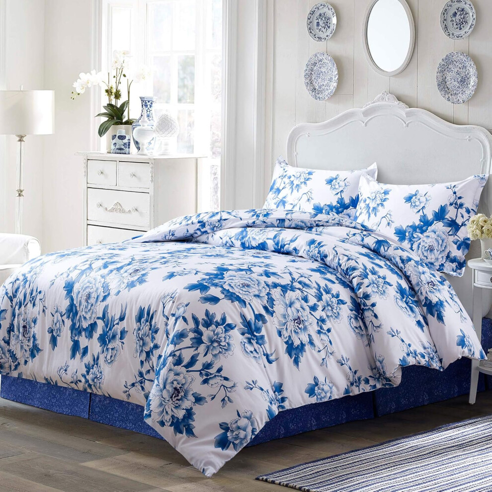(Pale Blue, Twin) Shabby Chic Floral Duvet Cover and Pillowcases Set Cottage Garden Botanical Nature Flowers Cabbage Roses Peonies Rosy Vines Farmhouse Bed...