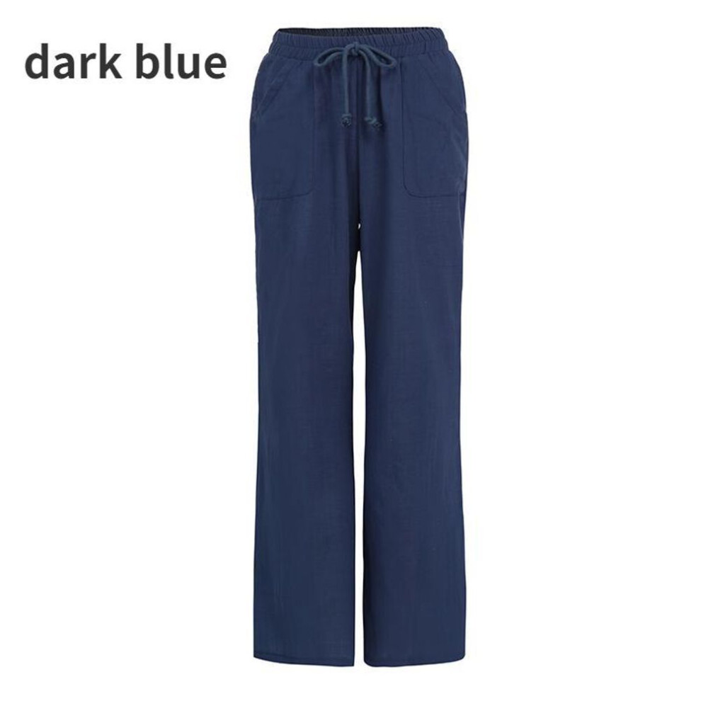 (navy blue, M) Women Spring Summer Cotton Linen Pants Casual Elastic Waist Wide Leg Trousers Fashion White Black Pants