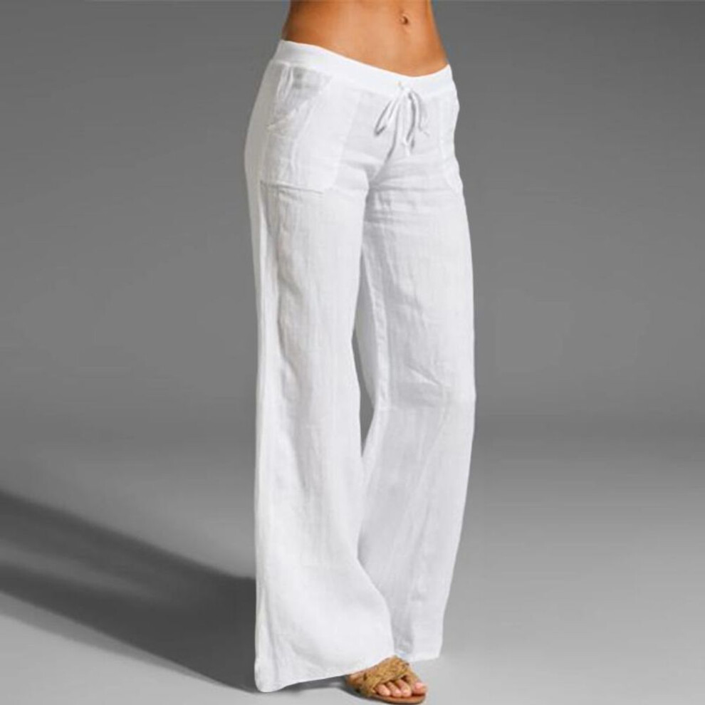 (white, XL) Women Spring Summer Cotton Linen Pants Casual Elastic Waist Wide Leg Trousers Fashion White Black Pants